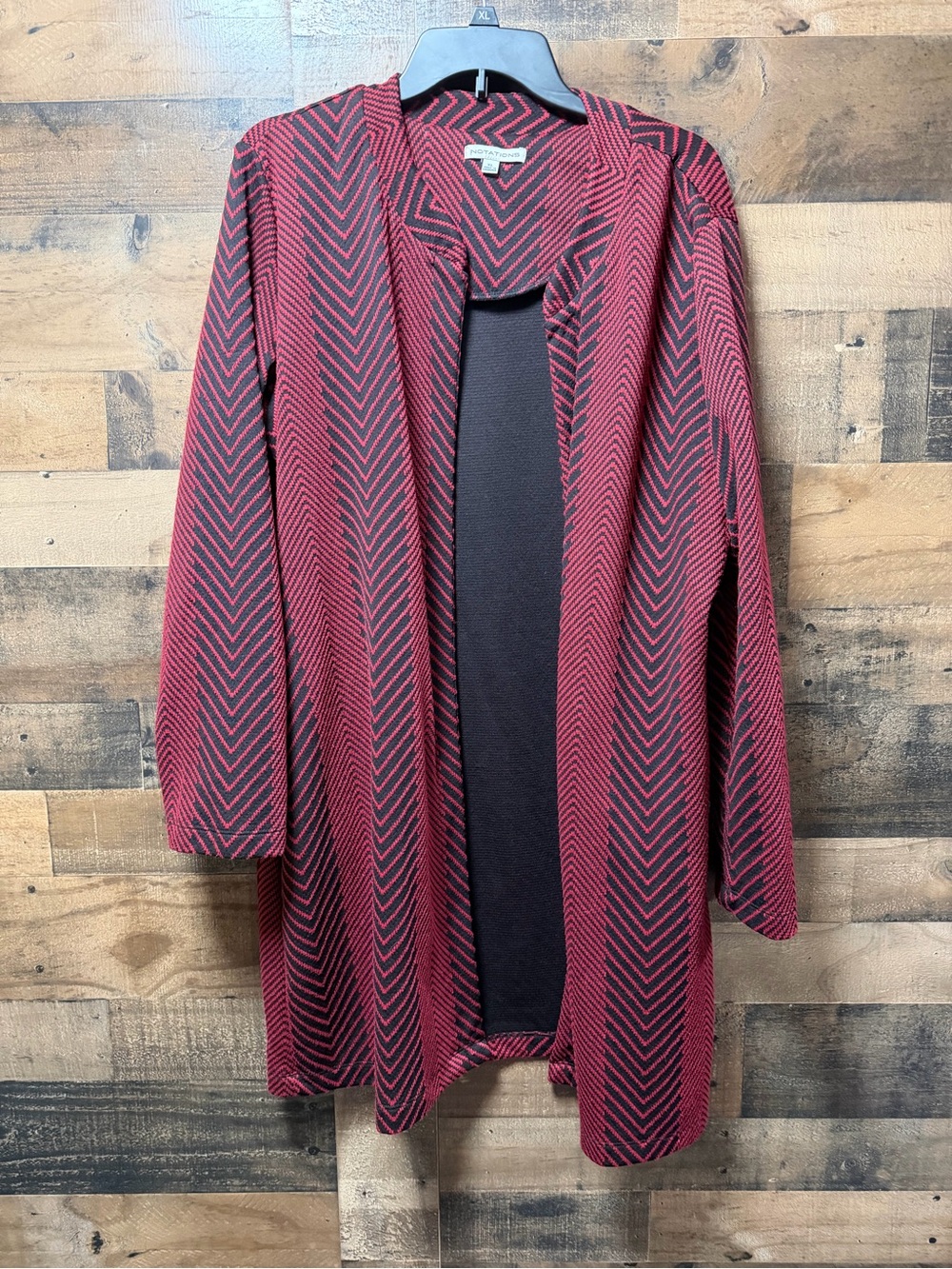 Notations Womens XL Red Black Chevron Long Cardigan Jacket Open Front Pockets